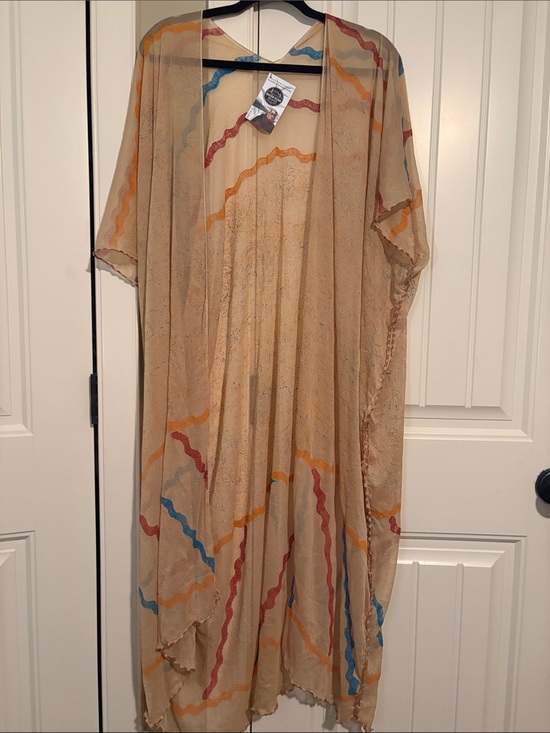 Other - Green Bean Sheer Beige Kimono Cover-Up with Multicolor Wave Trim O/S
